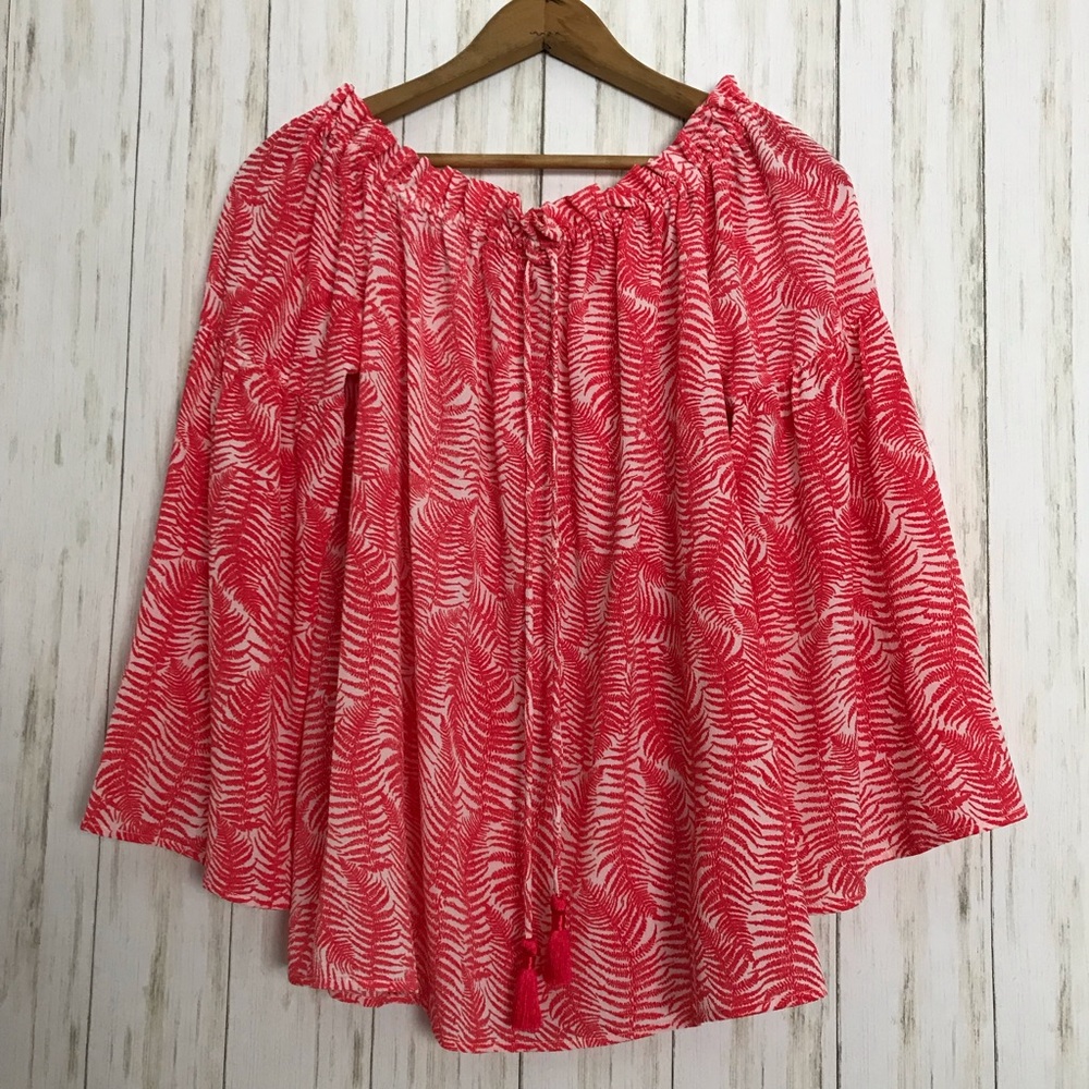 MICHAEL Michael Kors Off Shoulder Bell Sleeve Blouse-Coral and White - Picture 6 of 8
